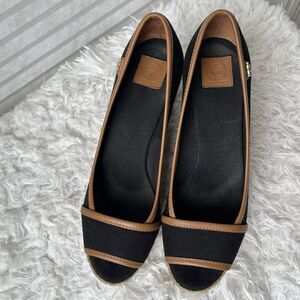 Tory Burch Majorca peep toe wedge shoes black canvas with leather trim, 38/8 US